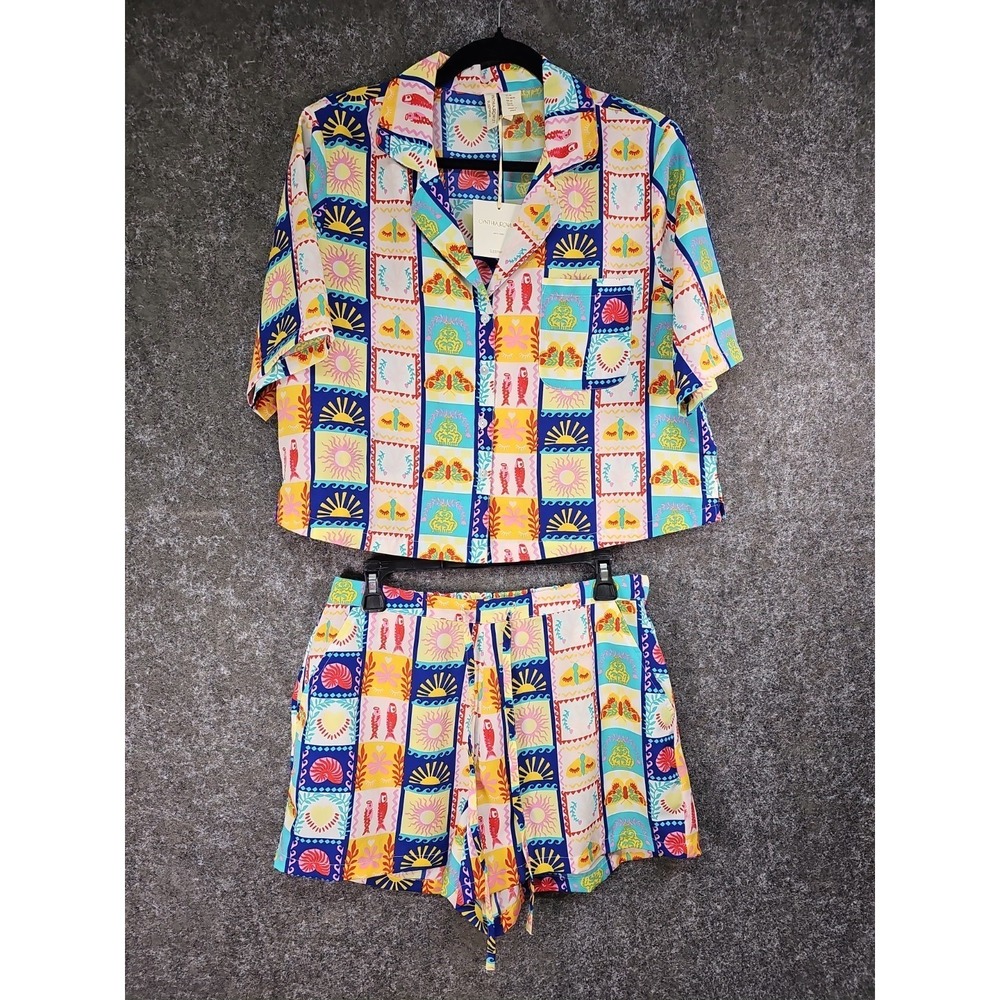 Cynthia Rowley Pajama Crop Top & Shorts Set, Vibrant Colors, Tropical, Medium
